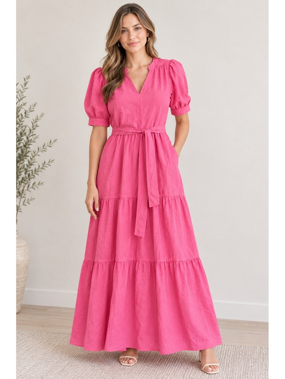 DKNY Pink Puff Sleeve Tiered Maxi Dress with Belt